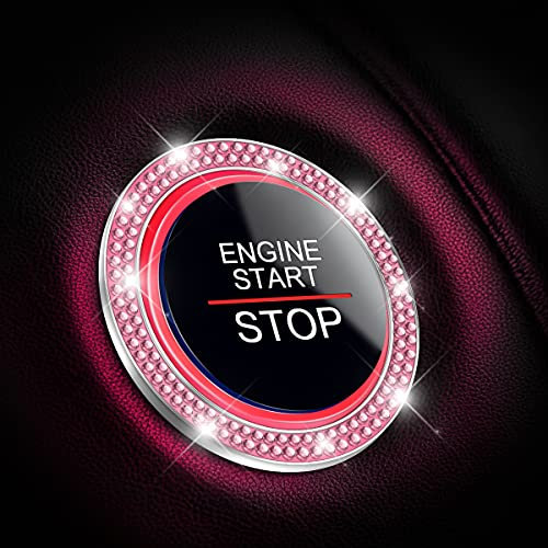 CGEAMDY 2 Pcs Car Push Start Button Crystal Rhinestone Cover/Sticker, Car Engines Start Stop Accessories for Car Interior Decoration, Push to Start Button, Key Ignition Starter & Knob Ring (Pink)