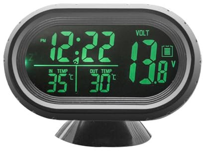 Shkalacar 3in1 Autothermometer Digitaluhr Voltmeter mit LCD Digitalmonitor, 12V Temperatur und Spannungsmesser, Erkennungsanzeige für Auto LKW SUV Wohnmobil, Grün und Orange