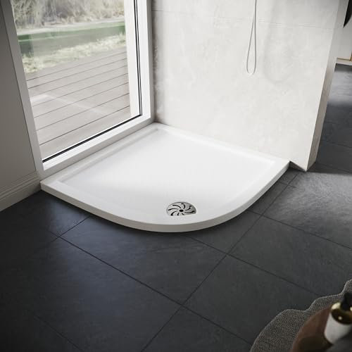 ELEGANT SMC Shower Base Tray 800 x 800 x 40 cm Quadrant White Shower Tray with Non-Slip Flat Stone Look for Shower Enclosure Cubicle and Wet Bathroom + Waste Trap