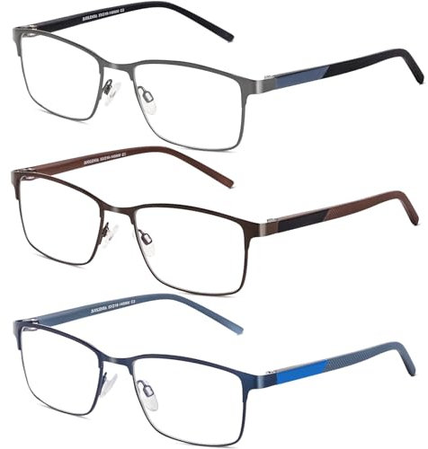 DJOLENSA Set di 3 occhiali da lettura 3.25 con filtro luce blu per uomo, occhiali da lettura in metallo per uomo, anti-affaticamento/riflesso/UV
