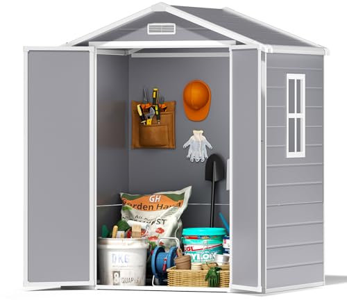 XEMQENER Plastic Garden Storage Shed with Floor, 5.5x4 FT Waterproof Outdoor Lockable Storage Shed with Window for Garden Tools & Equipment, 170x123x210cm, Grey