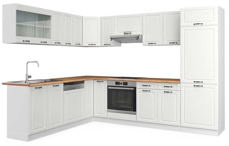 Vicco Eckküche R-Line, Weiß Landhaus/Weiß, 287 x 227 cm | 12 Module · Höhenverstellbare Füße · AP Eiche inkl. · MDF-Fronten · Mit Kühlschrankumbauschrank · Frei kombinierbar