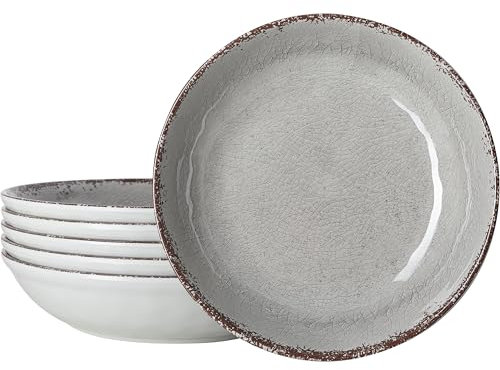 LEHAHA Farmhouse Melamine Pasta Bowl, 9.25 inch Large Salad Bowls, Set of 6, Unbreakable 100% Melamine Serving Bowls Set for Dinner, Wide and Shallow Bowls Set, Dishwasher Safe, Grey…