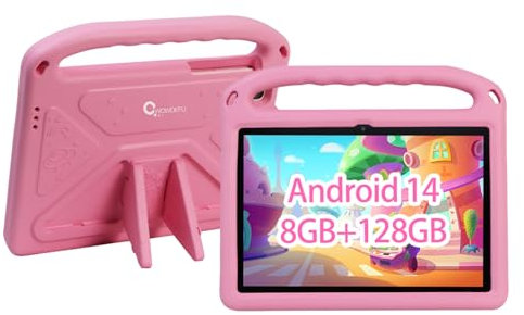 CWOWDEFU Tableta Android 14 Para Niños de 10 Pulgadas, 8GB+128GB Hasta 1TB, WiFi 6, Control Parental Family Link, Funda EVA Antichoque Rosa