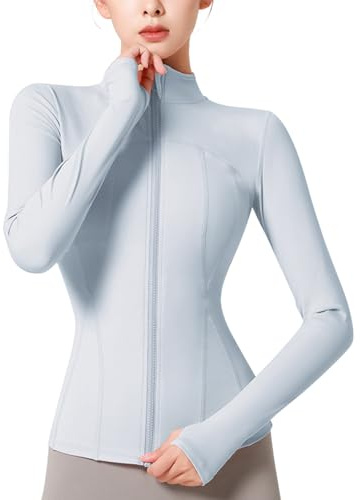 SHEKINI Giacche da corsa da donna con foro per il pollice, zip frontale per yoga, maglietta a maniche lunghe, maglietta sportiva per fitness, allenamento, palestra, Blu, L
