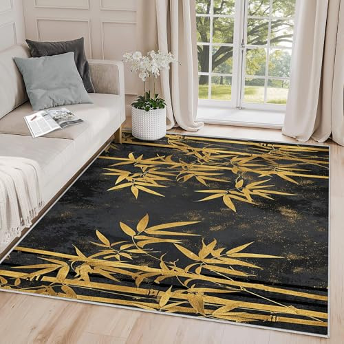 Yoozitrees Bamboo Rugs for Living Room - Bamboo Rug, 3x5 Rug, Gold Bamboo Leaf Botanical Area Rug, Rustic Asian Black Door Mat, Washable & Non Slip & Soft Small Carpet, Bamboo Home Decor Gifts