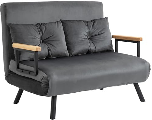 HOMCOM 4 in 1 Divano Letto 2 Posti, con Schienale Regolabile in 5 Posizioni, Divano Letto Matrimoniale Pieghevole con 2 Cuscini, Seduta Imbottita, in Velluto per Casa e Ufficio, 102x73x81 cm, Grigio