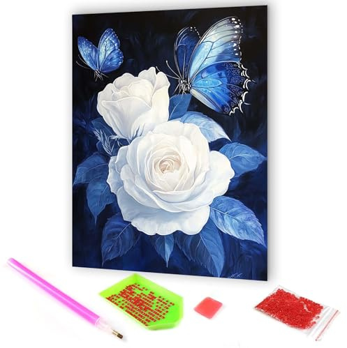 Hoobee 5D DIY Diamond Painting Rose Blanche, Diamond Painting Adulte Fleur Papillon, Peinture Diamant Diamant Painting Broderie au Point de Croix Mosaïque Strass Décoration de la Maison 30x40cm-31