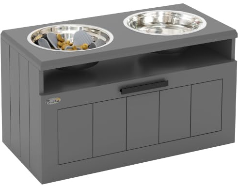 PawHut Erhöhter Hundenapf mit Ständer 25L für Extra Große Hunde Grau | Futternapf, Wassernapf, 2 x 2L Edelstahlnäpfen, Futterstation, Anti-Schling-Matte, Hundenäpfe, für Große Hunde
