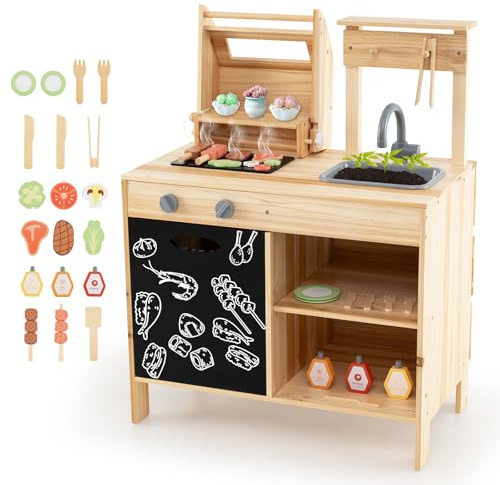 DREAMADE Matschküche Kinder Outdoor, Outdoorküche mit BBQ-Grill & Waschbecken & Tafel, Outdoor Küche Kinderküche aus Tannenholz mit 27 TLG. Zubehör für Kinder ab 3 Jahren