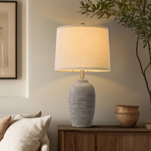 USumkky 24.5 Handcrafted Ceramic Table Lamp with 5FT Cord, Single Farmhouse Vintage Rustic Bedside Lighting for Living Room Bedroom Entryway Linen Shade Nightstand End Table Decor (Bulb Not Included)