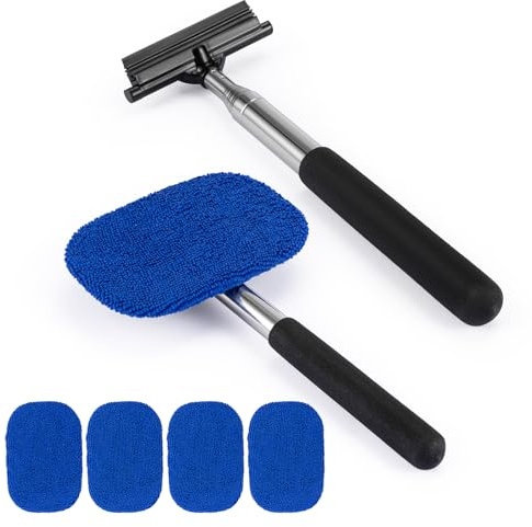 Cretosou Car Squeegee Windscreen Cleaner Tool, Window Cleaner Retractable Cleaning Brush with 5 Sponges, Multi-Functional Glass Cleaning Brush for Car Windows, Windshields Shower Doors Mirrors