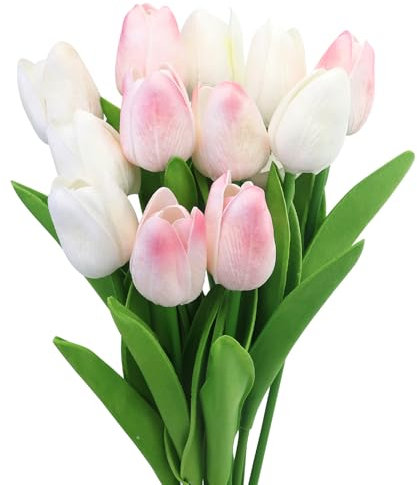 EASYKEENECOM Tulipani Artificiali, 12 Pezzi Fiori Finti di Tulipani, Artificiale Tulipani in Lattice per Matrimonio, Festa, Composizioni Floreali, Bouquet da Sposa (Bianco & rosa)