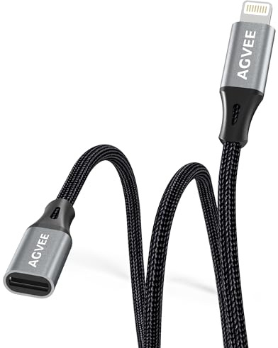 AGVEE Cable de extensión Lightning de 30 cm, extensor trenzado de hembra a macho, cable de función completa compatible con iPhone iPad, sincronización de datos, vídeo y audio y conector adaptador de