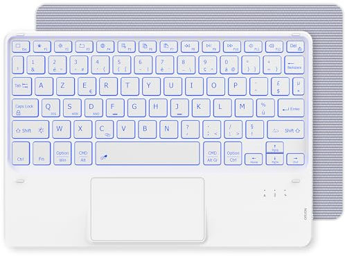 CACOE Clavier avec Pavé Tactile, Clavier sans Fil Bluetooth 10 Pouces avec Rétroéclairage, [AZERTY] Clavier Léger Fin pour iPad, iPad Pro/Air, Android Samsung, Xiaomi, Huawei, Lenovo Tablette, Blanc