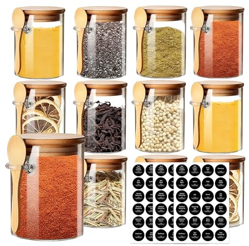 12 Pcs Glass Spice Jars Set with Spoons Lids and Labels , 7oz/200ml Seasoning Jars with 192 Black Labels, Small Airtight Glass Storage Container with Bamboo Lids for Salt,Sugar,Herbs,Nuts,Coffee,Tea