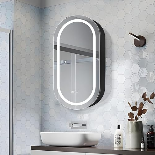 Janboe Oval Spiegelschrank Bad mit Beleuchtung,LED-Spiegelschrank für das Badezimmer,3 Farbtemperaturen & Helligkeit einstellbar,Rasierdose mit USB-Anschluss,Innenbeleuchtung,41cm×71cm