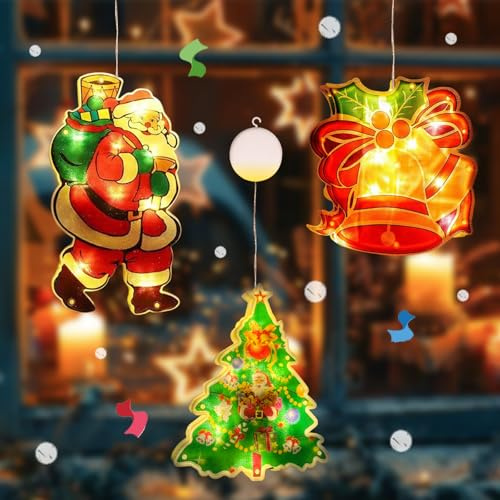 YAPJOY 3pcs Christmas Window Lights, Indoor Hanging Xmas Battery Lights Santa Claus/Bells/Christmas Tree for Holiday Party, Xmas Decor