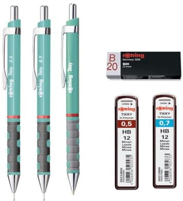 rOtring Tikky Schreibset - 2 Druckbleistifte (0,5 mm & 0,7 mm) + Kugelschreiber - Seeblau - mit Radiergummi & HB Minen - Premium Schreibwaren Kit für Schule, Büro & Zeichnen