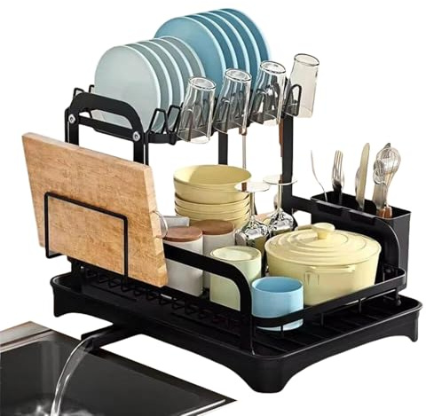 Jubilofex Grande Scolapiatti - Scolaoggetti per Piano Lavoro Cucina - Griglia Scolastoviglie Compatta con Vassoio per Tazze Posate Piatti Ciotole Organizzazione Cucina Casa Ristorante