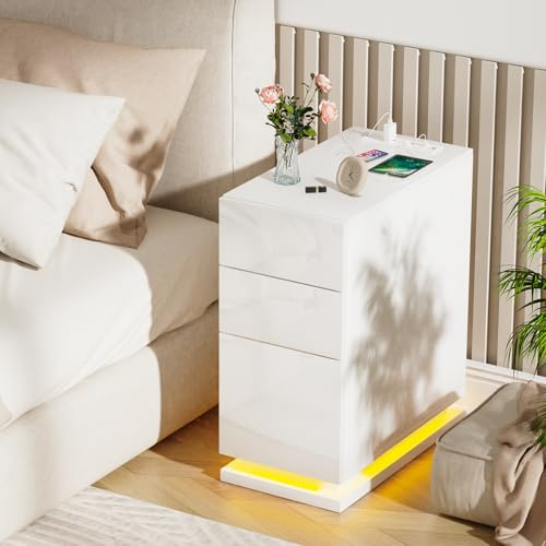 HaodaCulture Nachttisch Schmal Weiß, Led Nachttischh für Schlafzimmer, Beistelltisch mit 3 Schubladen,16 Farben LED Nachttisch,Wohnzimmer, Schlafzimmer, Arbeitszimmer