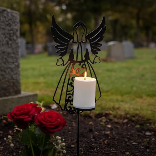 MARELIDA LED Grablicht Engel mit LED Kerze Gartenfigur in Engelform Grabdeko Grabengel Grabschmuck Friedhof Deko bis zu 2500Std. H: 56cm mit Timer