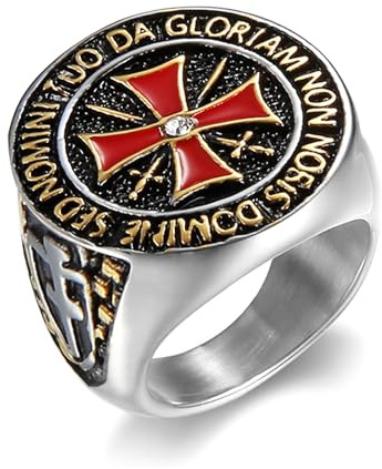 Anillo de la Orden Militar de los Caballeros Templarios de Acero Inoxidable, Cruz de Cruzado Medieval, Espadas Cruzadas y Diamante Central, Pieza Coleccionable Histórica para Motociclistas