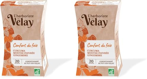 L'Herboriste du Velay - Infusion BIO Confort du Foie - Chicorée, Romarin, Huiles Essentielles d'Agrumes - Ingrédients 100% Issus de l'Agriculture Biologique - Boite de 20 Sachets (Lot de 2)
