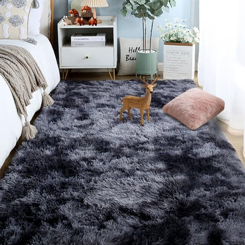 Fluffig Sovrumsmatta 190 x 210 cm Bekväm Sovrum Sängmatta Tvättbar för Vardagsrum Heminredning, Mörkgrå