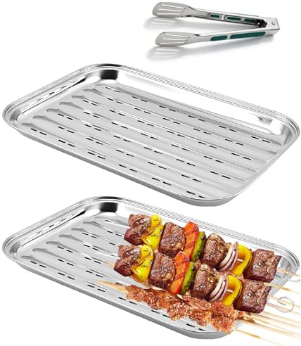 2 styck BBQ-grillskålar i rostfritt stål, grillpanna, 34,5 x 24,2 x 2,7 cm, återanvändbar grillkorg, grönsakskorgen för grönsaker, fisk, kött för gas-, el- och kolgrill (2)