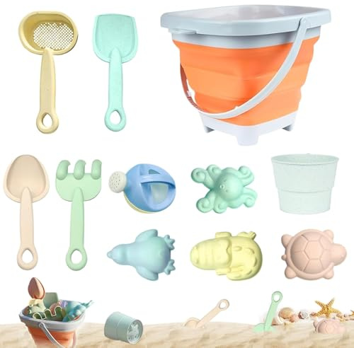 Generisch 11 Stück Sandspielzeug Strandspielzeug Kinder, Strand Spielzeug Set, Sandkasten Spielzeug mit Faltbares Eimer, Sandschaufel, Sandformen, Gartenspielzeug für Kinder, Sandspielzeug (Orange)