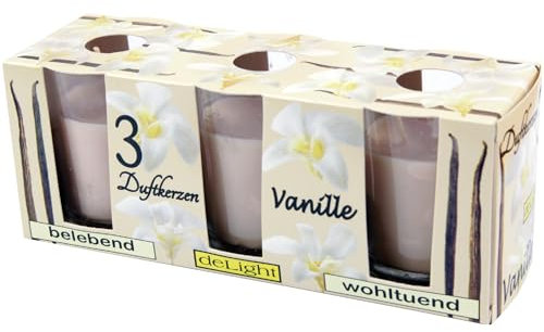 HS Candle Duftkerzen Classic 12er Pack im Glas, lange Brenndauer und angenehmer Duft (Vanille)