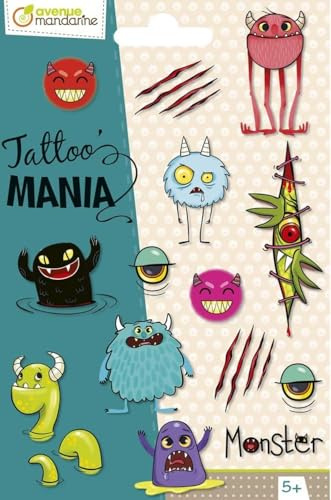 MY MANDARINE CC053C - Packung Kindertattoos / temporäre Tatoos für Kinder, Tattoo´Mania, 1 Bögen 10,5x16 cm mit 15 Tatoos, ab 5 Jahren, Monsters, 1 Pack