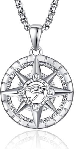 Kompass halsband 925 sterling silver herrsmycken hänge halsband svart halsband för män pojkar med läderrep längd 50 cm (20 tum), Sterlingsilver