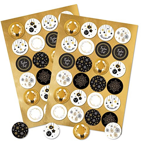 Logbuch-Verlag 48 Weihnachten Sticker schwarz-weiß goldfarben Frohes Fest rund 4 cm Geschenketiketten