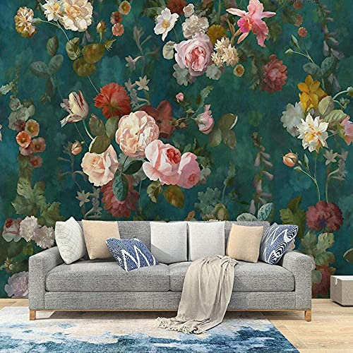 Milusen Vintage Rose Wallpaper Oil Painting Pastoral Flower Mural Living Room Nonwoven Dark Green Custom 3D Wallpaper Paste Living Room The Wall for Bedroom Mural Border-430cm×300cm