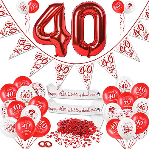 DPKOW Rubinhochzeit Deko Set für 40. Hochzeitstag, Rubinhochzeit Luftballons Schärpe 40. Hochzeitstag, Rubinhochzeit Wimpelkette Banner 40. Hochzeitstag, Folienballon Rot Zahl 40 Herz Konfetti