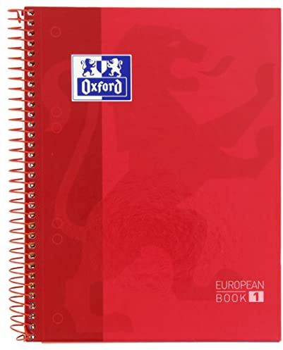 Oxford, Europeanbook 1 Notizbuch A5, mikroperforiertes Notizbuch, extra fester Einband, 80 Blatt, kariert, 5 x 5 cm, Rot