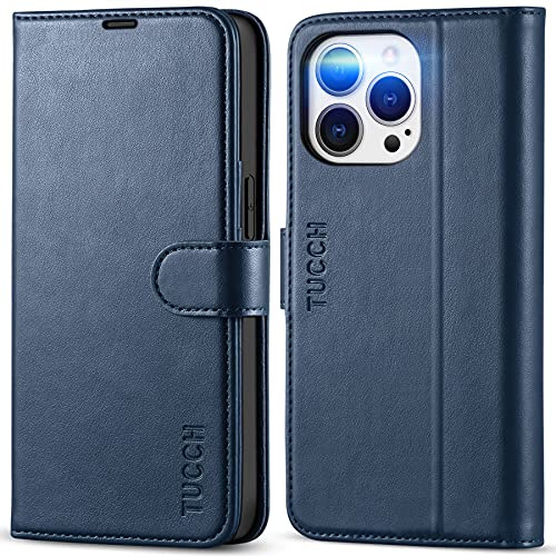 TUCCH Handyhülle für iPhone 13 Pro (6,1), Dunkelblau | Hülle RFID-Sperrung, TPU, Kartenfächer, Standfunktion, Stoßfeste Schutzhülle mit Magnet, Bookcase, Handytasche