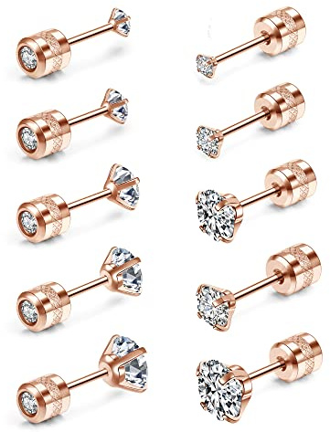 JSDDE 10er Damen Ohrstecker Rosegold Set Edelstahl Ohrringe beidseitig mit 2-6mm Zirkonia Kristall Stein Elegant schmuck für Damen Frauen