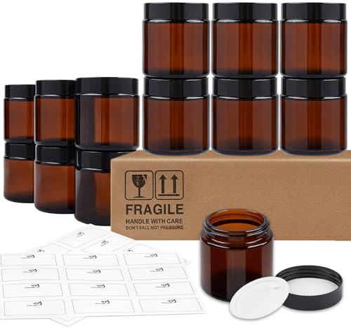 TUZAZO 4 Oz Thick Amber Round Glass Jars with Inner Lids and Black Lids, 12 Pack Small Empty Candle Making Jars/Cosmetic Containers for Lotions, Creams, Body Butters, Essential oil Beauty Products