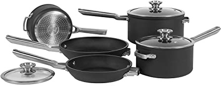 Ninja Foodi ZEROSTICK Menaje de cocina de 5 piezas, antiadherente, aluminio anodizado duro, 3 cacerolas con tapa, 2 sartenes, apto para lavavajillas y todo tipo de cocinas, en gris, C55000EU