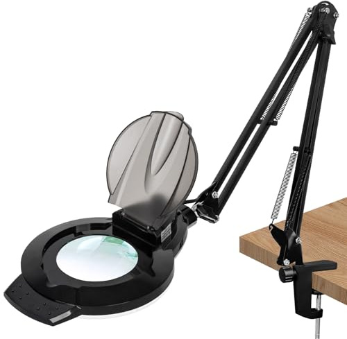 10X Magnifying Glass with Light and Stand, NUEYiO 2200 Lumens Stepless Dimmable LED Magnifying Lamp, 4.2 Real Glass Lens, Adjustable Swing Arm Lighted Magnifier Lamp for Repair, Crafts, Workbench