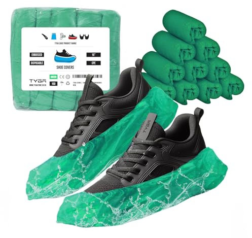 TYGA Disposable Shoe Covers, 100 Pack Green Overshoes, Waterproof & Anti-Slip Plastic Boot Covers, Dustproof Floor & Carpet Protectors, One Size Fits Mos