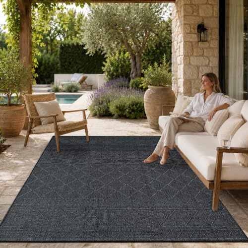 Paco Home Outdoor Teppich, Wetterfest, UV-beständig & Pflegeleicht, Flachgewebe Modern Boho-Style. Ideal für Terrasse Balkon Wohnzimmer & Küche, Grösse:120x160 cm, Farbe:Anthrazit 2
