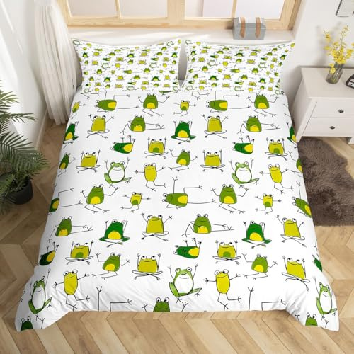Erosebridal Green Frog Duvet Cover Funny Frog Bedding Set Twin Size,Cartoon Wild Animals Comforter Cover for Kids Child Toddler Boys,Cute Reptile Bed Set Lovely Wildlife Bedroom Decor