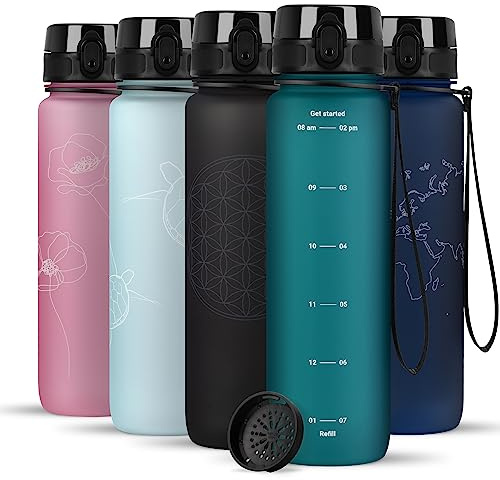 720°DGREE Trinkflasche 1l mit Motivationsskala “uberBottle“ +Sieb - BPA-Frei - Wasserflasche für Uni, Sport, Fitness, Fahrrad, Outdoor - Sportflasche aus Tritan - Leicht, Bruchsicher, Nachhaltig
