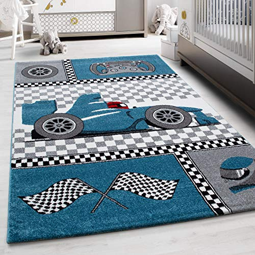 Teppium Kinderteppich für Jungen und Mädchen Rennwagen Muster 120 cm Rund Blau - Kurzflor Waschbarer Teppich Extra Weich und Antiallergen - Teppich für Kinderzimmer, Babyzimmer und Spielzimmer