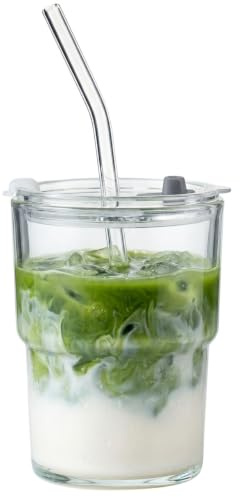 Olvini 13oz Glass Tumbler with Straw and Lid, Reusable Iced Coffee Cup Tumbler, Cute Glass Cups for Water, Matcha, Travel Coffee Mugs (Clear)