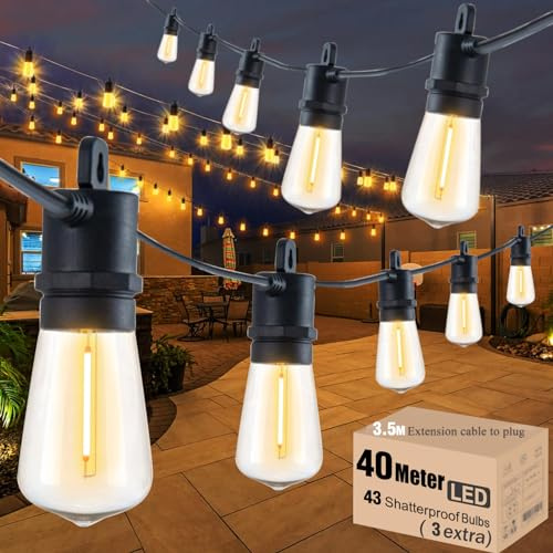 Meidaoduo Festoon Lights Outdoor 40M Mains IP65 with 43 LED 2700K Bulbs Outdoor Lights for Indoor Outside Patio Pergola Decor, 3.5M Extension Cable Built-in